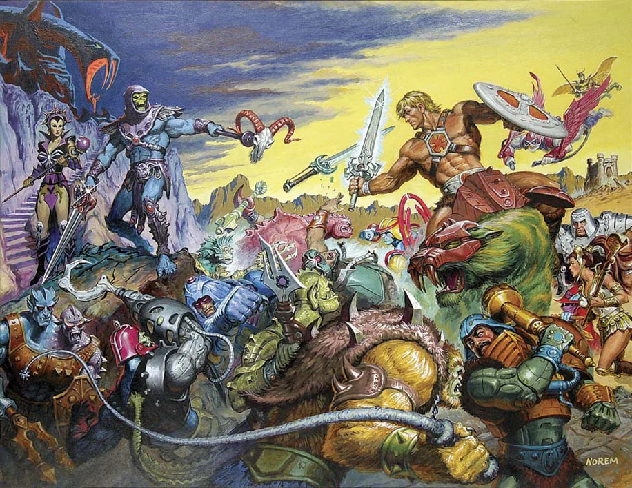 The armies of Eternia clash, wraparound panorama., Masters of the Universe artwork by Earl Norem