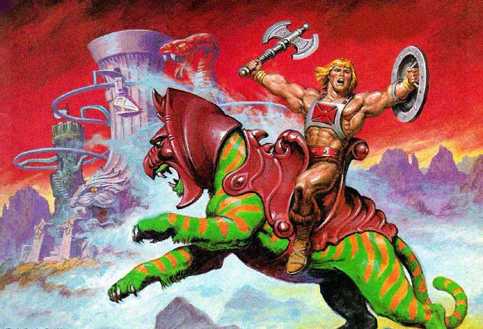 Battle Cat charge from the Eternia towers, c. 1986., Masters of the Universe artwork by Earl Norem