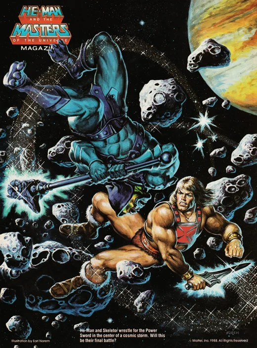Cosmic Battle, magazine pull-out, 1988. He-Man and Skeletor wrestle for the Power Sword in an asteroid storm., Masters of the Universe artwork by Earl Norem