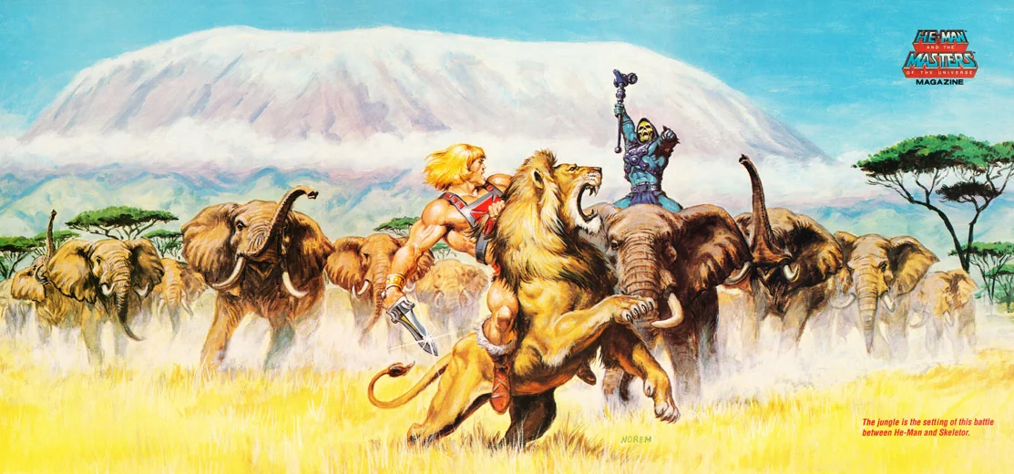 The jungle battle, widescreen centerspread, 1988. Kilimanjaro relocated to Eternia., Masters of the Universe artwork by Earl Norem
