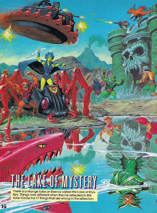 The Lake of Mystery puzzle page: find seventeen things wrong in the reflection. Same trick, same hand as the reversible painting below., Masters of the Universe artwork by Earl Norem