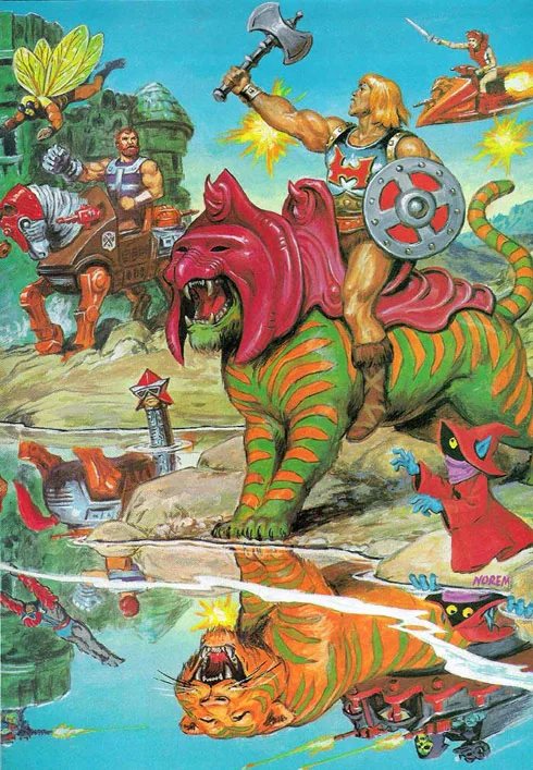 The stream crossing, another reflection game. The heroes ride past, the water disagrees., Masters of the Universe artwork by Earl Norem