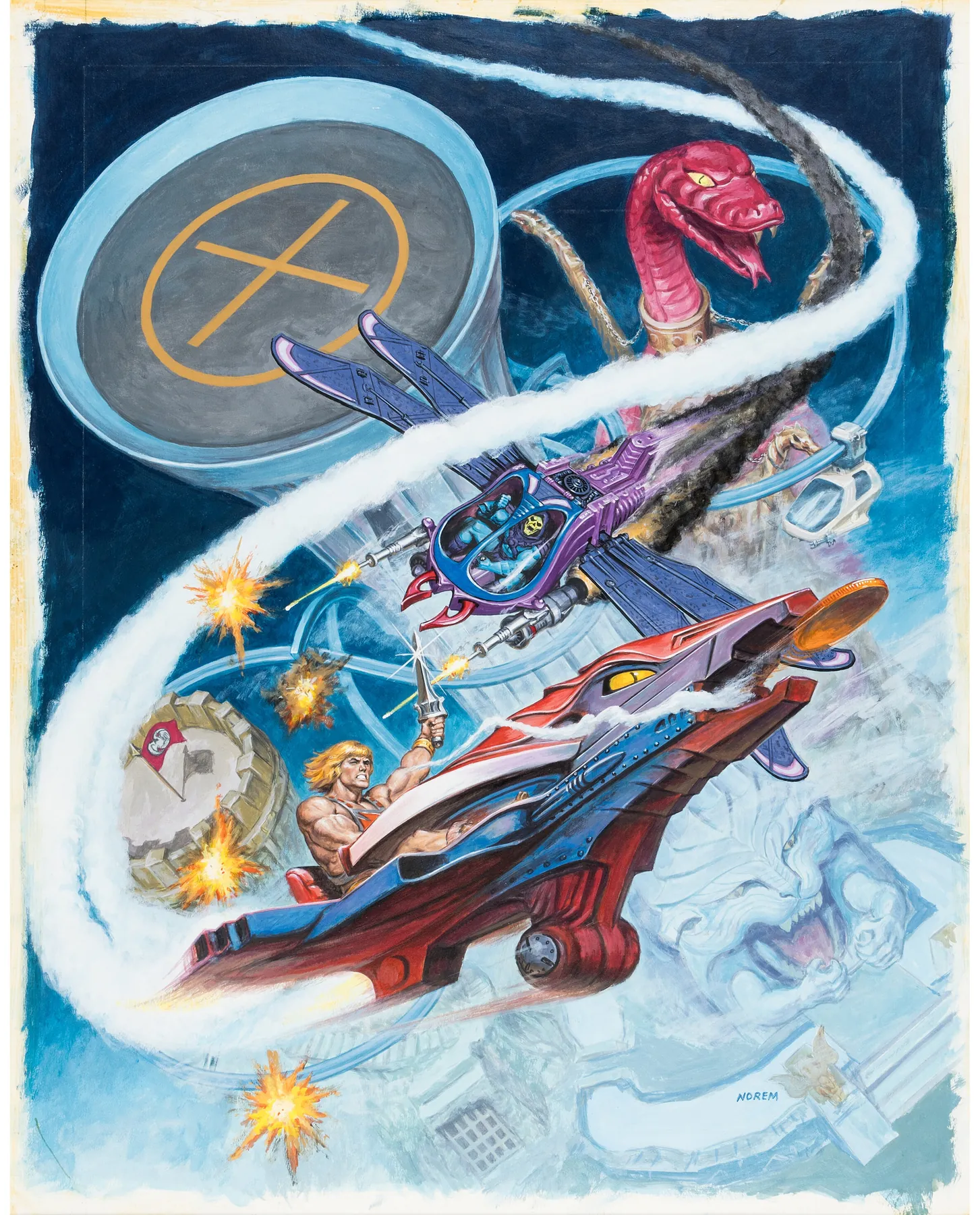Blasterhawk vs Fright Fighter, original Masters of the Universe painting by Earl Norem
