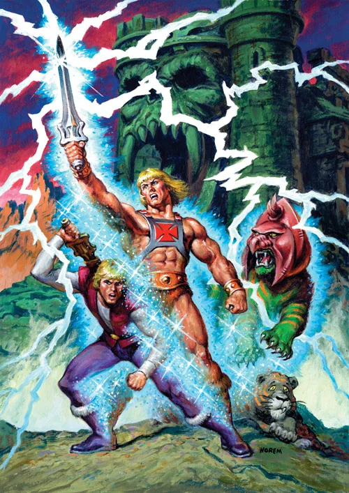 Finished 2006 trading card painting by Earl Norem: Prince Adam transforms into He-Man before Castle Grayskull